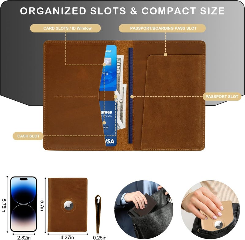Kicoroiny Passport Holder for Men and Women Travel, Real Leather Passport Wallet, Handmade Passport Cover Case with Airtag Slot, Travel Must Haves Essentials Accessories Birthday Gifts(Crazy Horse,Brown) - Image 5